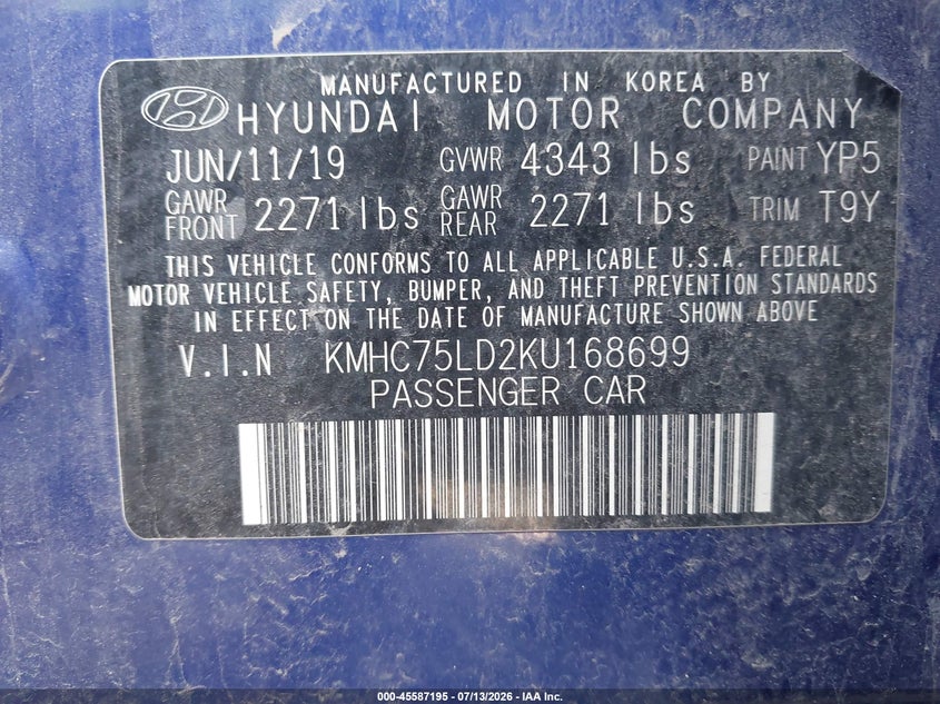 2019 Hyundai Ioniq Plug-In Hybrid Limited VIN: KMHC75LD2KU168699 Lot: 45587195