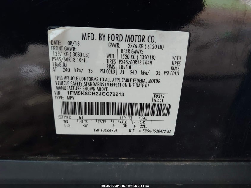 2018 Ford Explorer Xlt VIN: 1FM5K8DH2JGC79213 Lot: 45587201