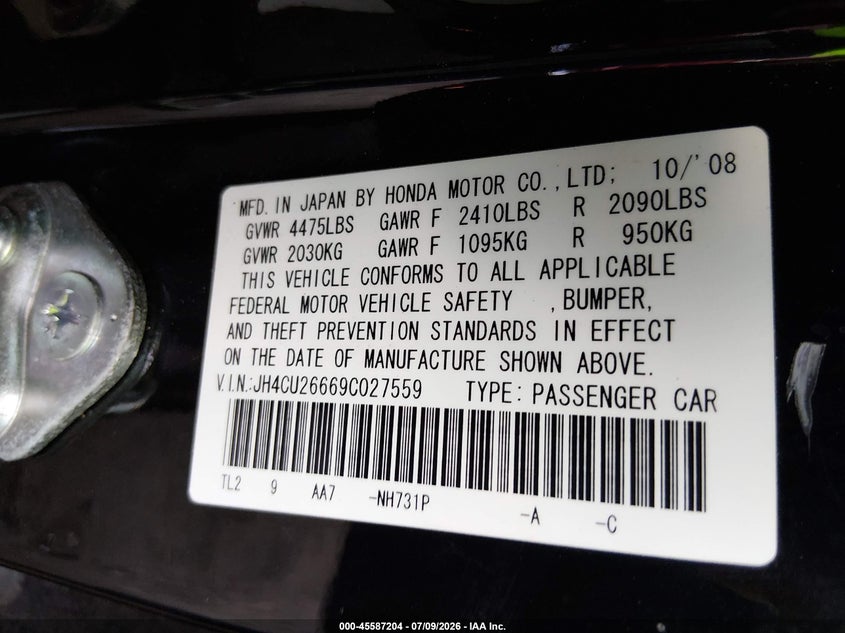 2009 Acura Tsx VIN: JH4CU26669C027559 Lot: 45587204