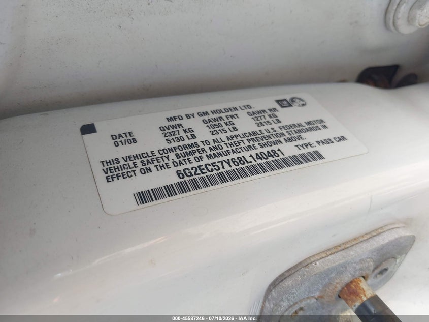2008 Pontiac G8 Gt VIN: 6G2EC57Y68L140481 Lot: 45587246