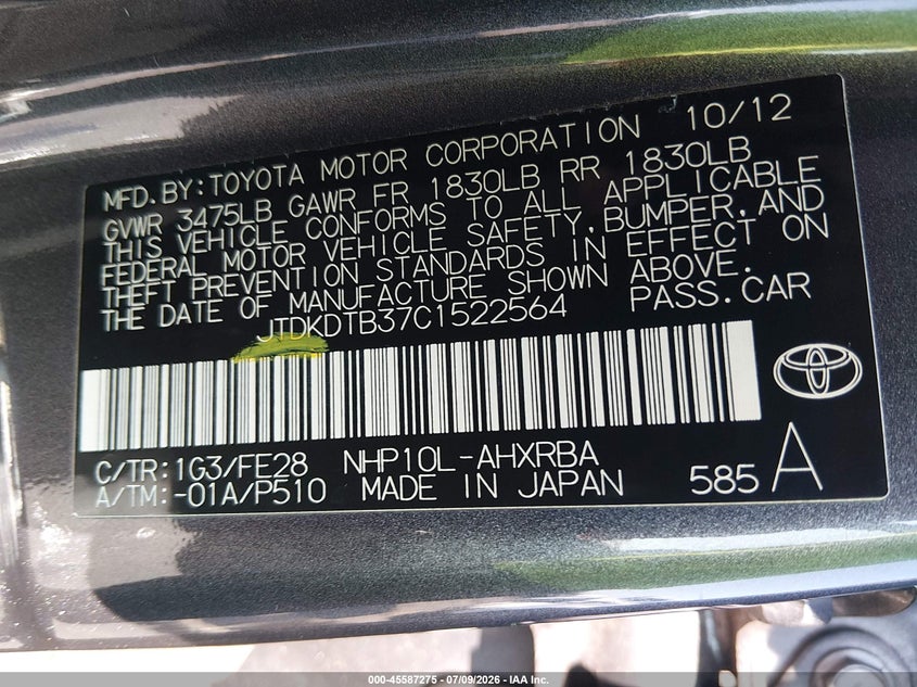 2012 Toyota Prius C Four/One/Three/Two VIN: JTDKDTB37C1522564 Lot: 45587275