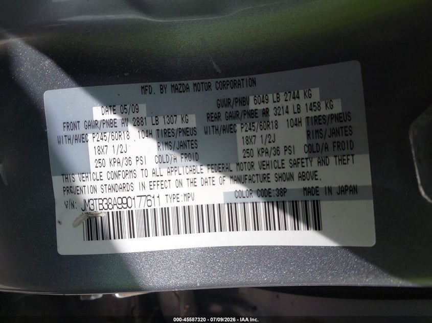 2009 Mazda Cx-9 Sport VIN: JM3TB38A990177611 Lot: 45587320