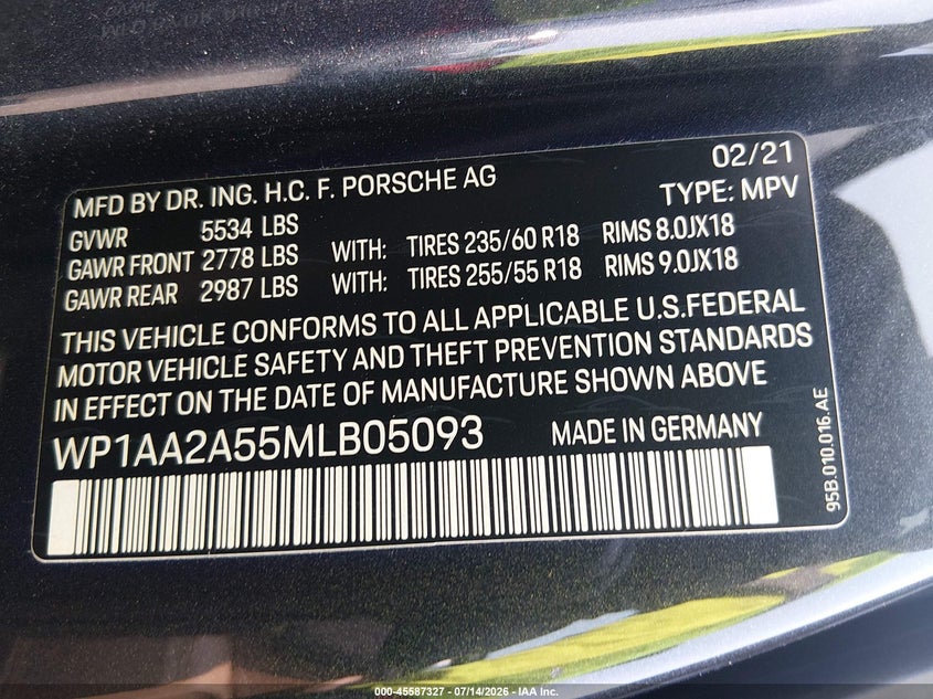 2021 Porsche Macan VIN: WP1AA2A55MLB05093 Lot: 45587327