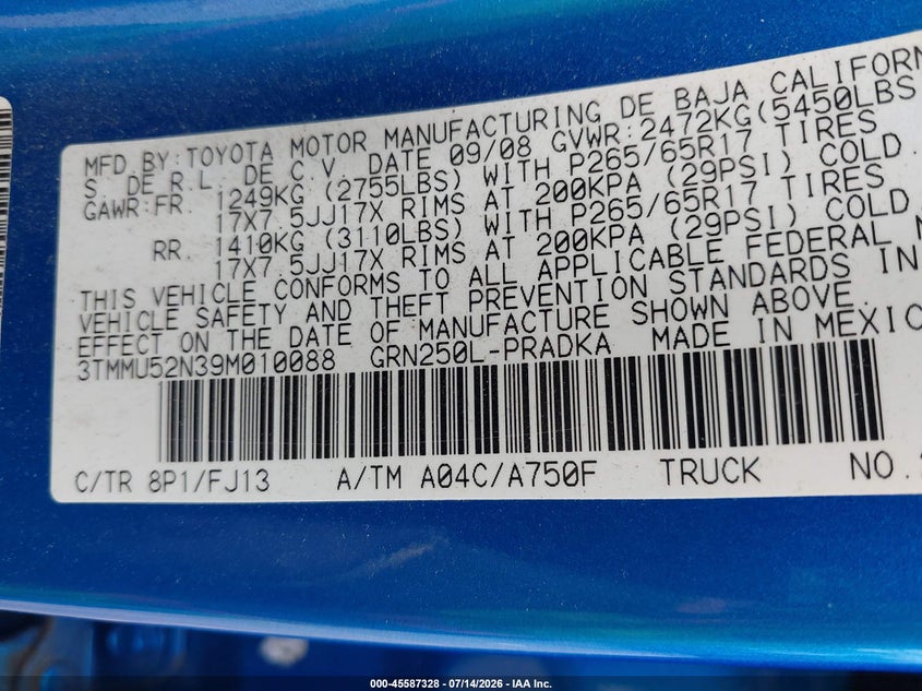 2009 Toyota Tacoma Base V6 VIN: 3TMMU52N39M010088 Lot: 45587328