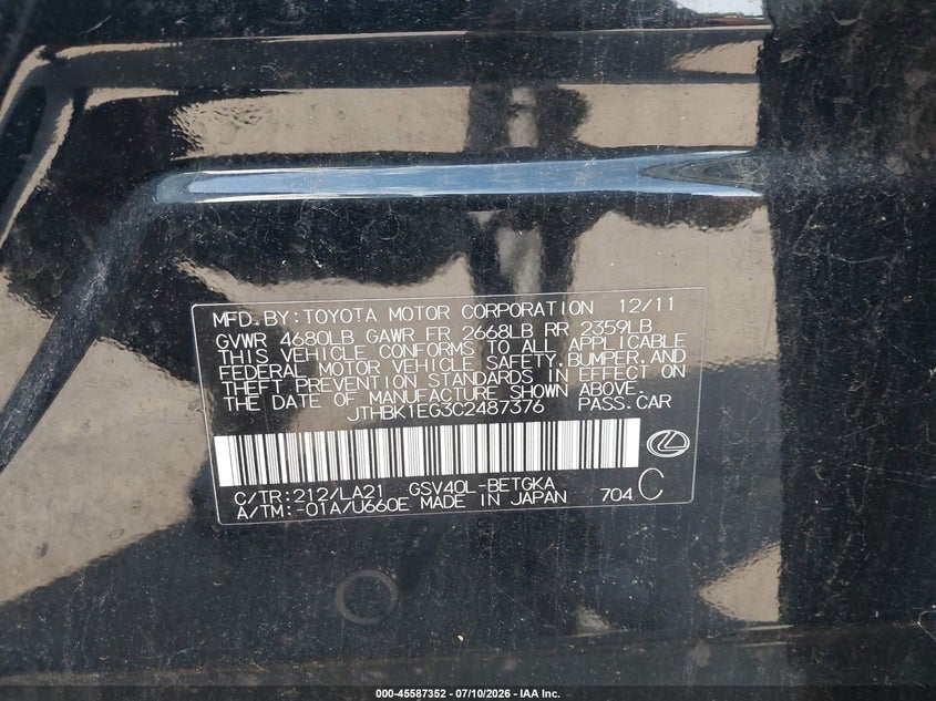 2012 Lexus Es 350 VIN: JTHBK1EG3C2487376 Lot: 45587352
