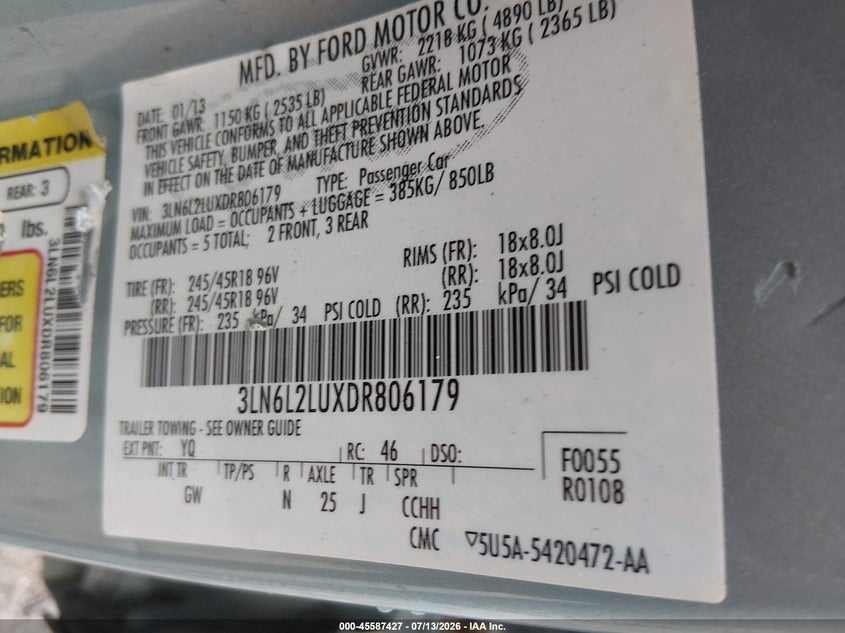 2013 Lincoln Mkz Hybrid VIN: 3LN6L2LUXDR806179 Lot: 45587427