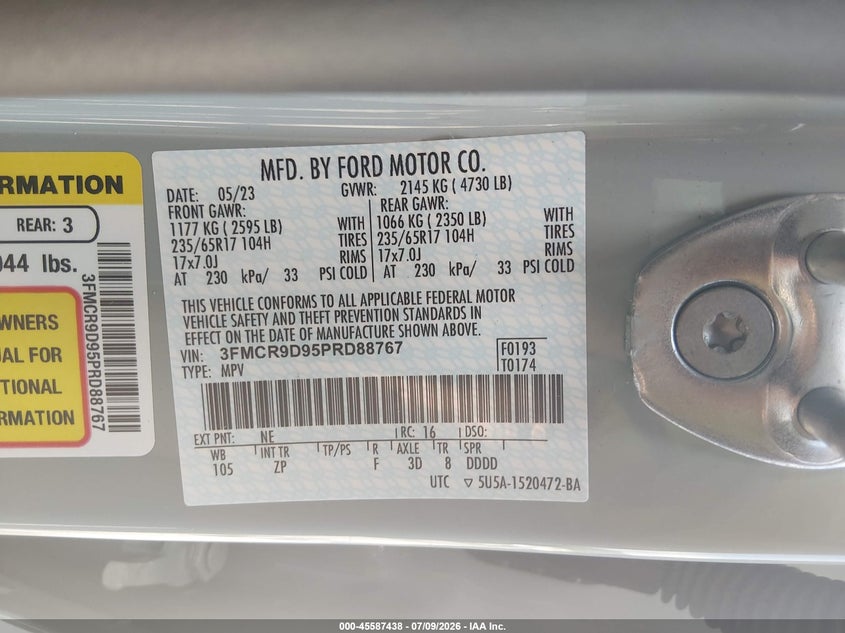 2023 Ford Bronco Sport Badlands VIN: 3FMCR9D95PRD88767 Lot: 45587438