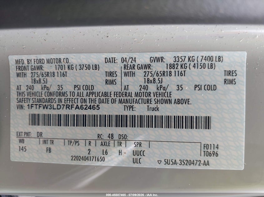 2024 FORD F-150 PICKUP 3.5L V6 FI DOHC 24V NF4