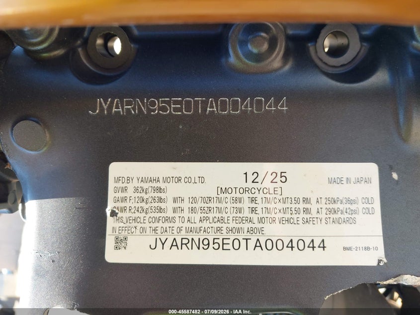 2026 Yamaha Mt09 Sp VIN: JYARN95E0TA004044 Lot: 45587482