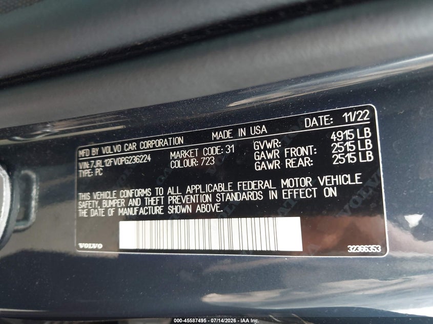 2023 Volvo S60 B5 Core Dark Theme VIN: 7JRL12FV0PG236224 Lot: 45587495
