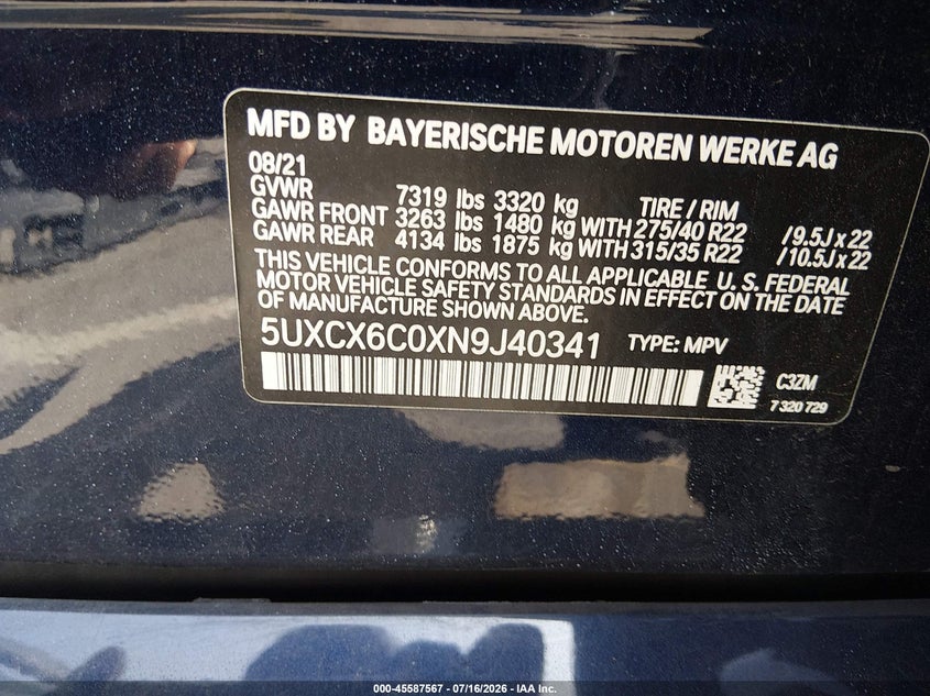 2022 BMW X7 M50I VIN: 5UXCX6C0XN9J40341 Lot: 45587567