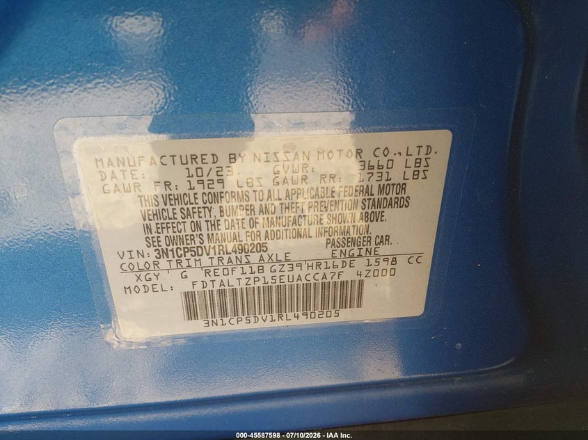 2024 Nissan Kicks Sr Xtronic Cvt VIN: 3N1CP5DV1RL490205 Lot: 45587598