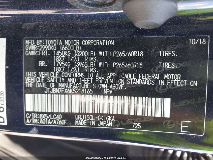 2019 Lexus Gx 460 VIN: JTJBM7FX6K5218165 Lot: 45587604