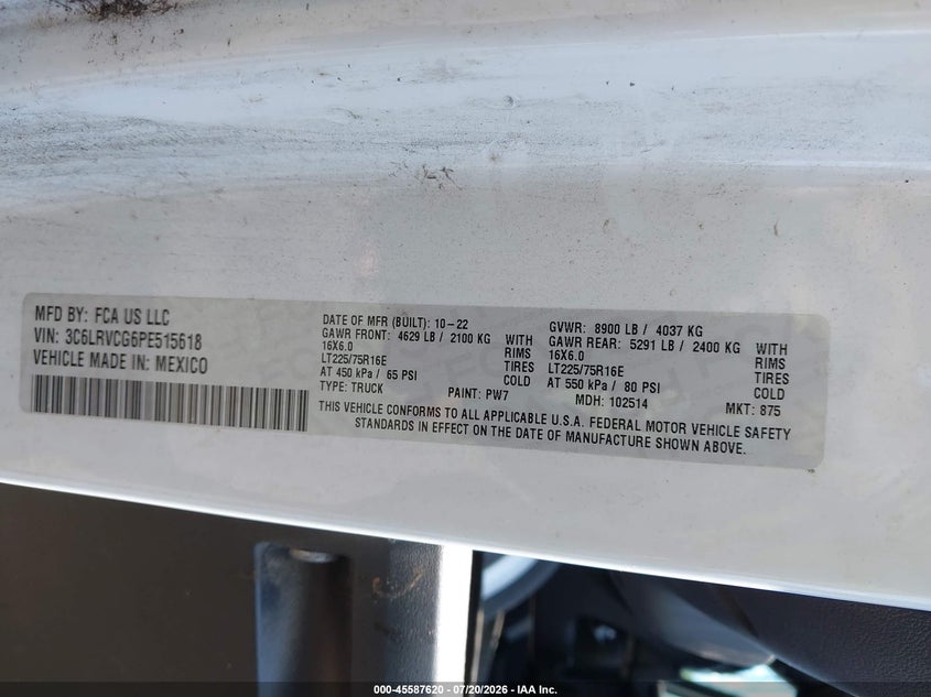 2023 Ram Promaster 2500 High Roof 136 Wb VIN: 3C6LRVCG6PE515618 Lot: 45587620