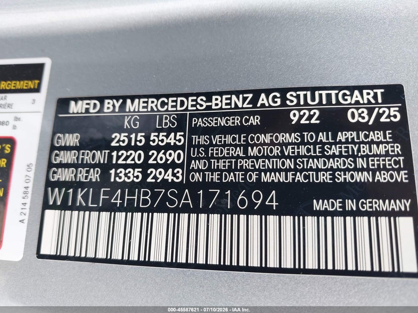2025 Mercedes-Benz E 350 VIN: W1KLF4HB7SA171694 Lot: 45587621