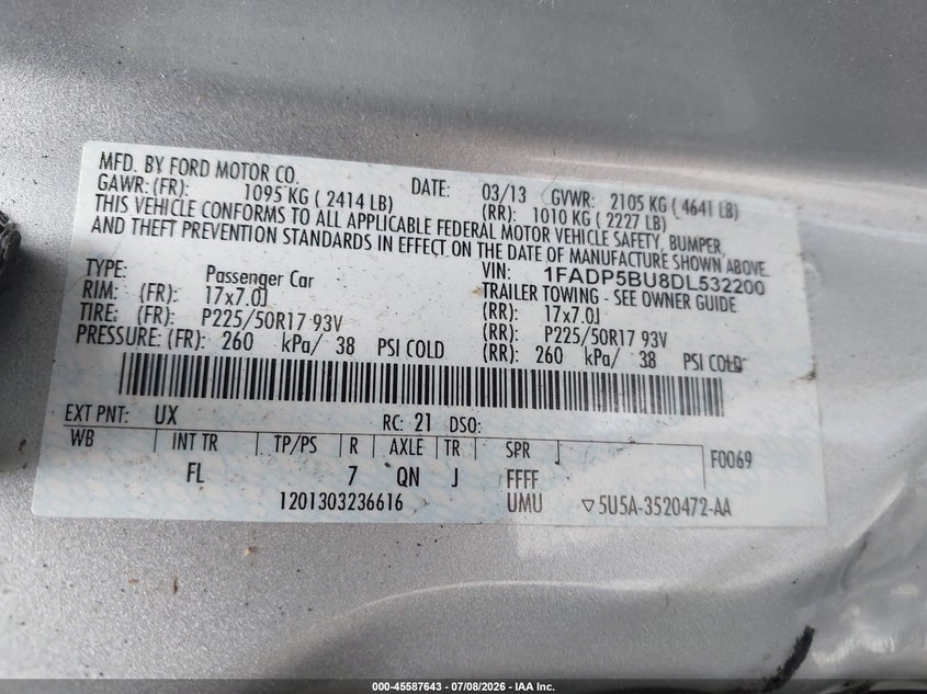 2013 Ford C-Max Hybrid Sel VIN: 1FADP5BU8DL532200 Lot: 45587643