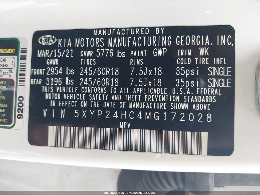 2021 Kia Telluride Lx VIN: 5XYP24HC4MG172028 Lot: 45587666