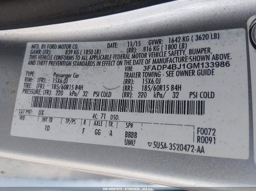 2016 Ford Fiesta Se VIN: 3FADP4BJ1GM133986 Lot: 45587679