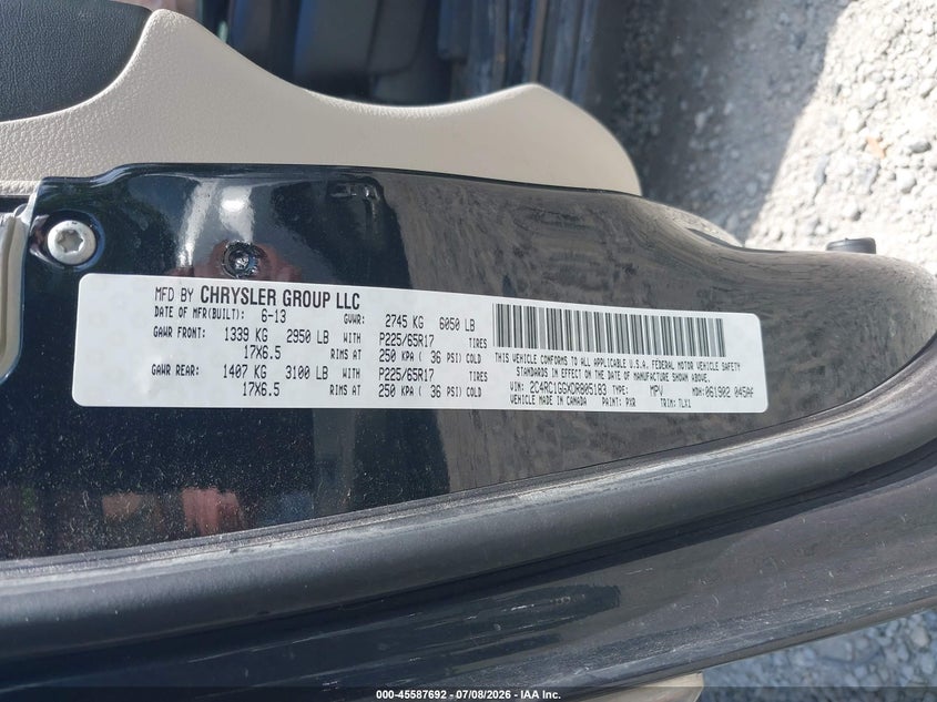 2013 Chrysler Town & Country Limited VIN: 2C4RC1GGXDR805183 Lot: 45587692