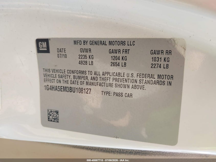 2011 Buick Lucerne Cx VIN: 1G4HA5EM3BU108127 Lot: 45587715