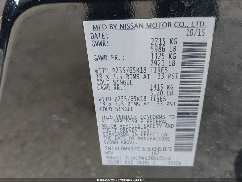 2015 Infiniti Qx60 VIN: 5N1AL0MN5FC550685 Lot: 45587728