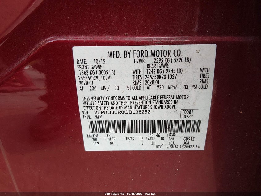 2016 Lincoln Mkx Reserve VIN: 2LMTJ8LR0GBL38252 Lot: 45587746