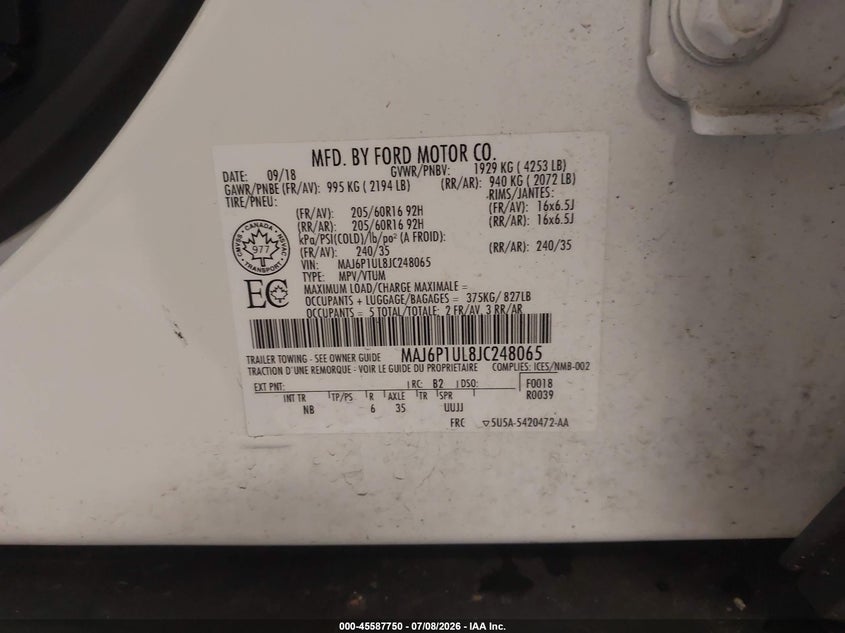 2018 Ford Ecosport Se VIN: MAJ6P1UL8JC248065 Lot: 45587750