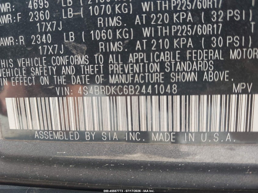 2011 Subaru Outback 3.6R Limited VIN: 4S4BRDKC6B2441048 Lot: 45587773