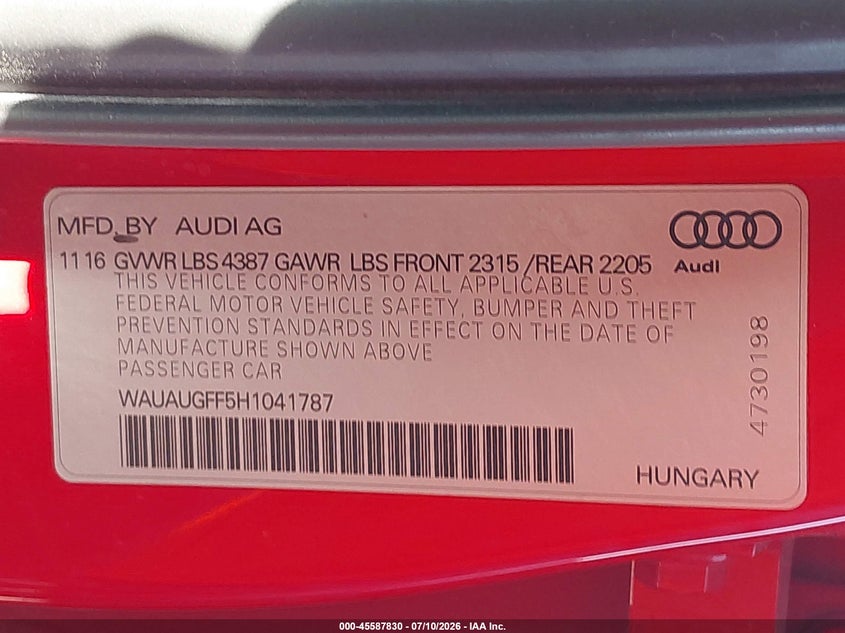 2017 Audi A3 Premium VIN: WAUAUGFF5H1041787 Lot: 45587830