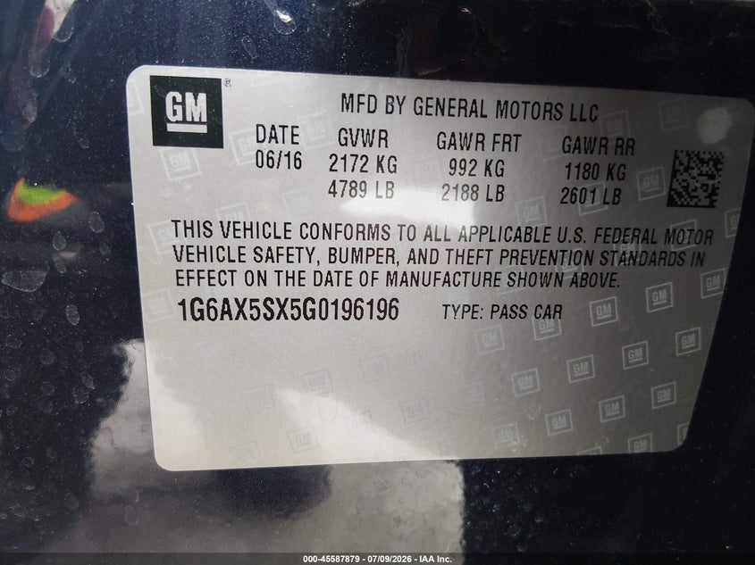 2016 Cadillac Cts Luxury Collection VIN: 1G6AX5SX5G0196196 Lot: 45587879