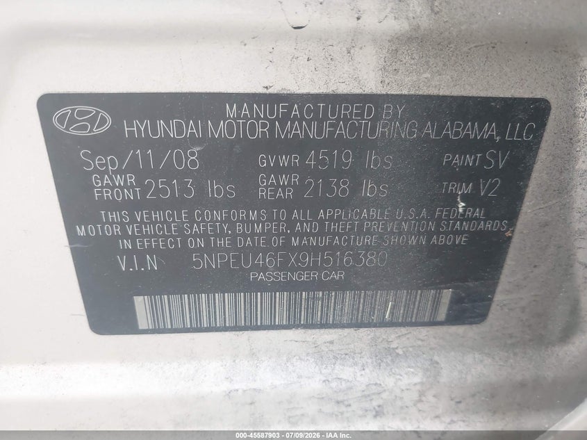 HYUNDAI SONATA 2009 VIN 5NPEU46FX9H516380