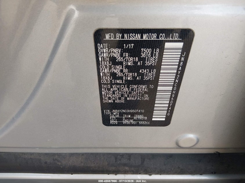 2017 Nissan Armada Sv VIN: JN8AY2NC0H9507410 Lot: 45587966