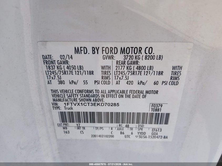 2014 Ford F-150 Xl VIN: 1FTVX1CT3EKD70285 Lot: 45587976