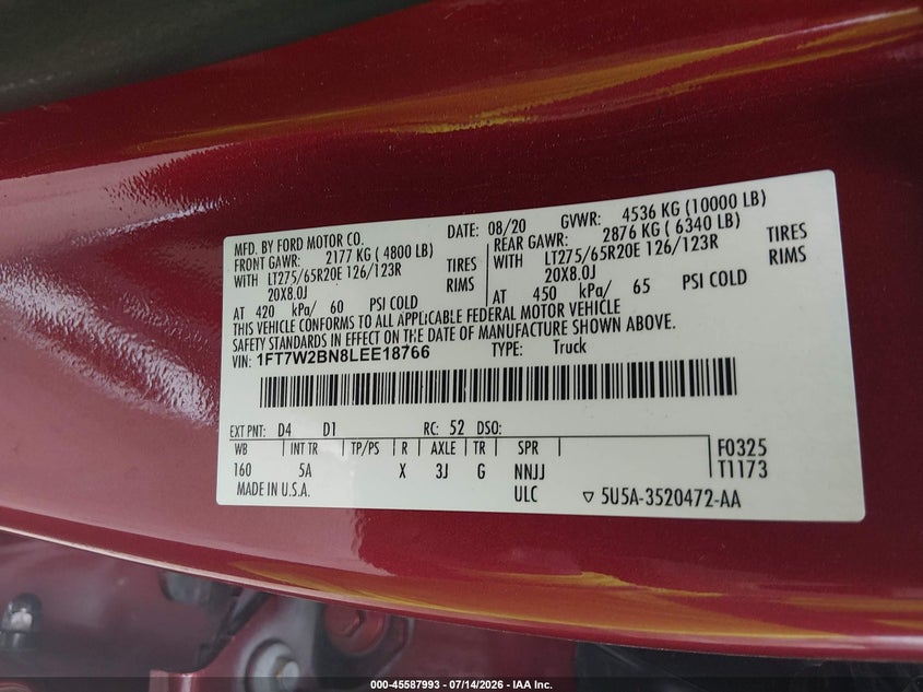FORD F-250 2020 VIN 1FT7W2BN8LEE18766