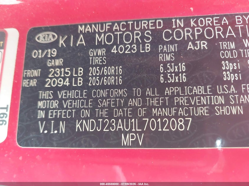 KIA SOUL 2020 VIN KNDJ23AU1L7012087