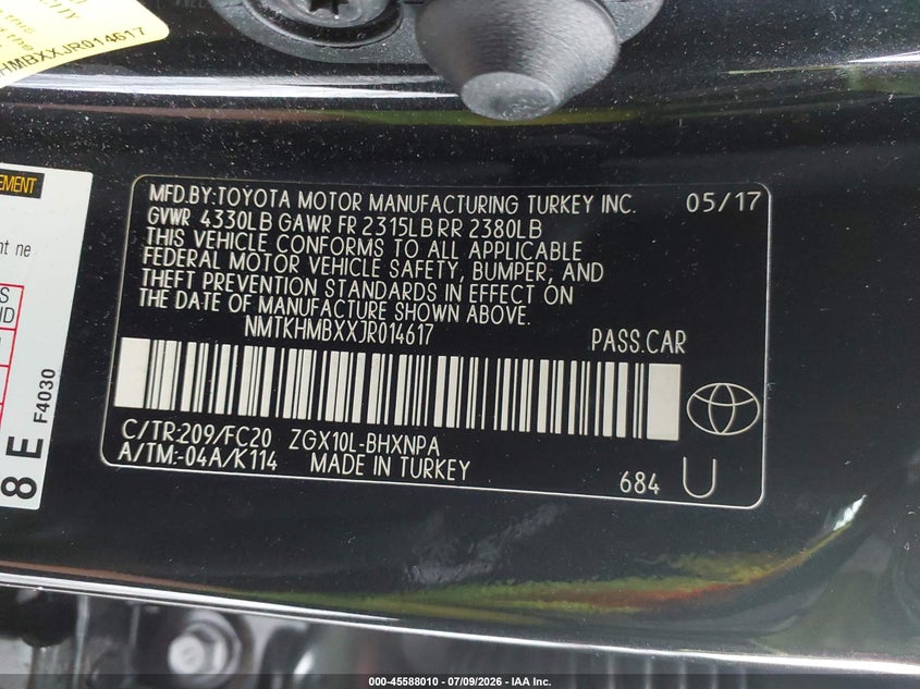2018 Toyota C-Hr Xle VIN: NMTKHMBXXJR014617 Lot: 45588010