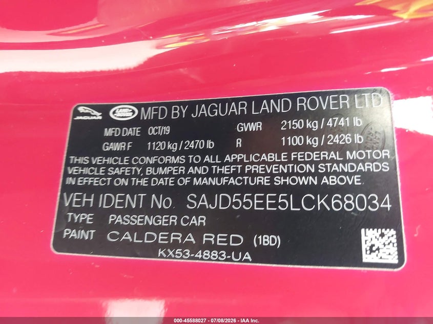 2020 Jaguar F-Type R Awd Automatic VIN: SAJD55EE5LCK68034 Lot: 45588027