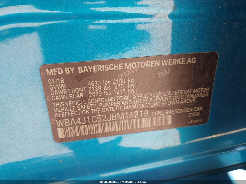 2018 BMW 430I Gran Coupe VIN: WBA4J1C52JBM11219 Lot: 45588062