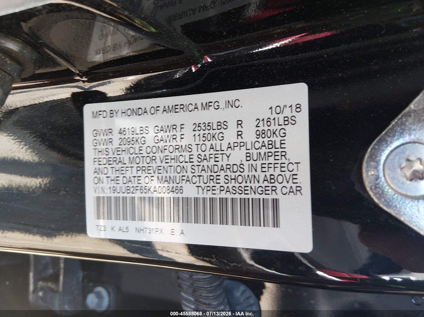2019 Acura Tlx Tech A-Spec Pkgs VIN: 19UUB2F65KA008466 Lot: 45588068