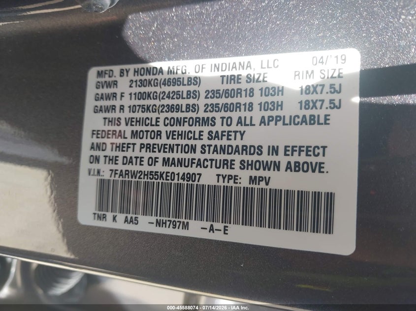2019 Honda Cr-V Ex VIN: 7FARW2H55KE014907 Lot: 45588074