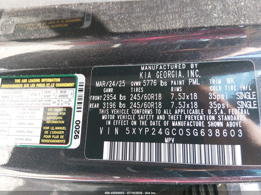 2025 Kia Telluride Lx VIN: 5XYP24GC0SG638603 Lot: 45588083