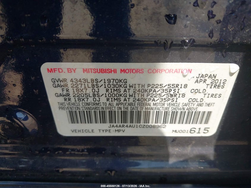 2012 Mitsubishi Outlander Sport Se VIN: JA4AR4AU1CZ008962 Lot: 45588126