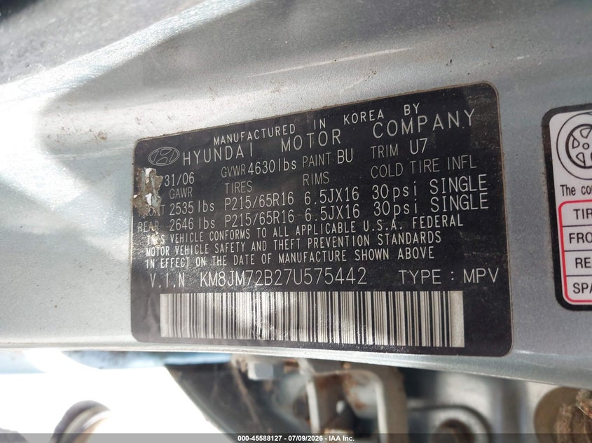 2007 Hyundai Tucson Gls VIN: KM8JM72B27U575442 Lot: 45588127
