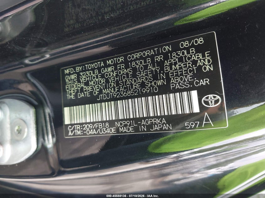 2008 Toyota Yaris VIN: JTDJT923685219910 Lot: 45588136