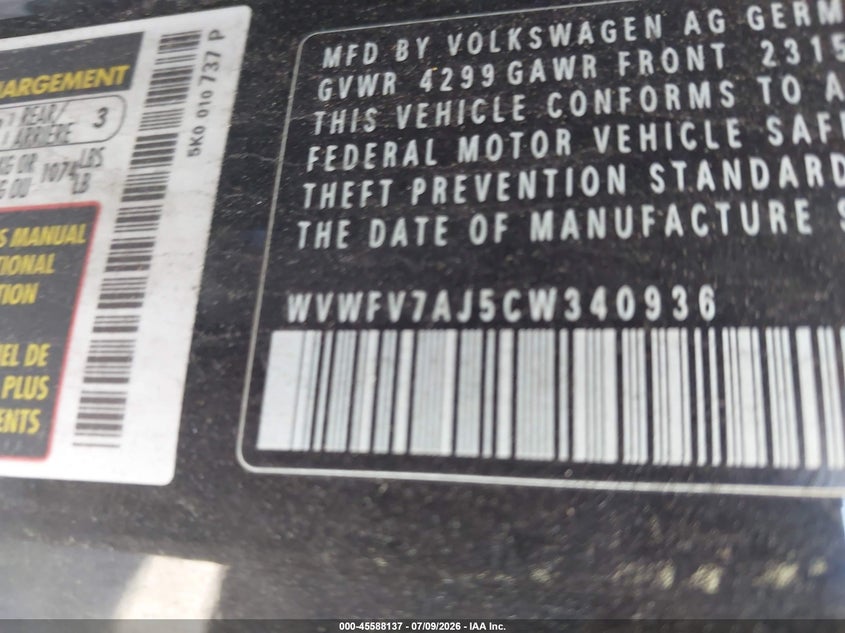 2012 Volkswagen Gti 2-Door Autobahn VIN: WVWFV7AJ5CW340936 Lot: 45588137