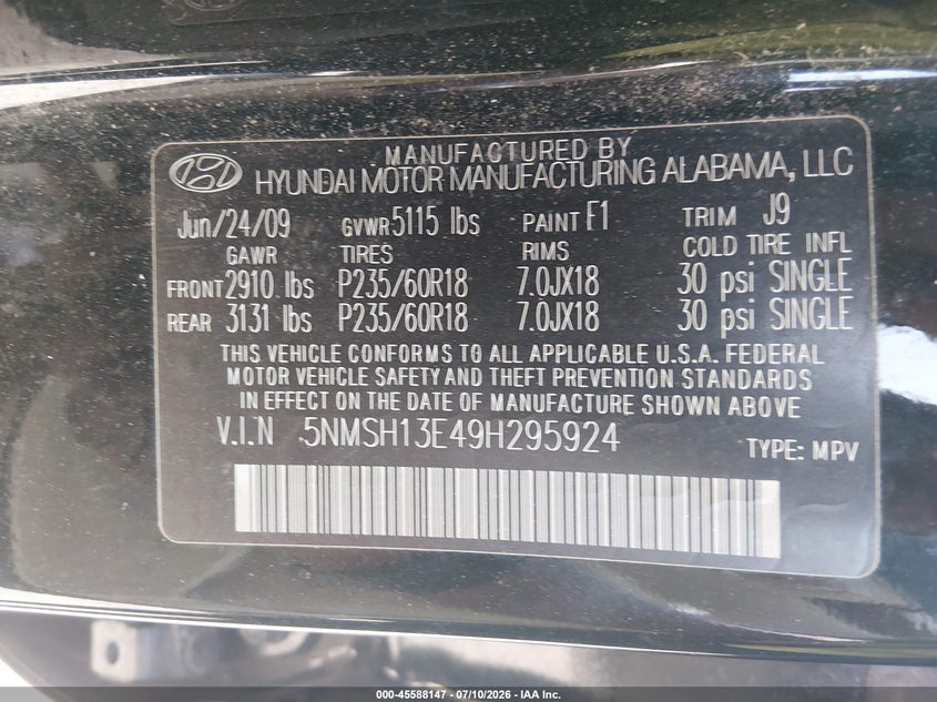 2009 Hyundai Santa Fe Se VIN: 5NMSH13E49H295924 Lot: 45588147