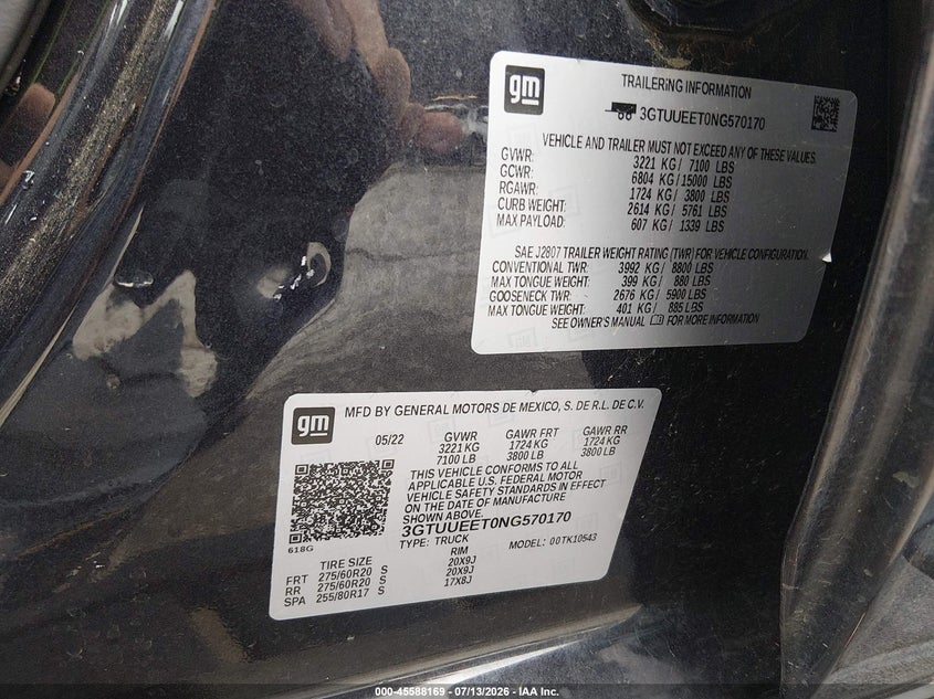 2022 GMC Sierra 1500 4Wd Short Box At4 VIN: 3GTUUEET0NG570170 Lot: 45588169
