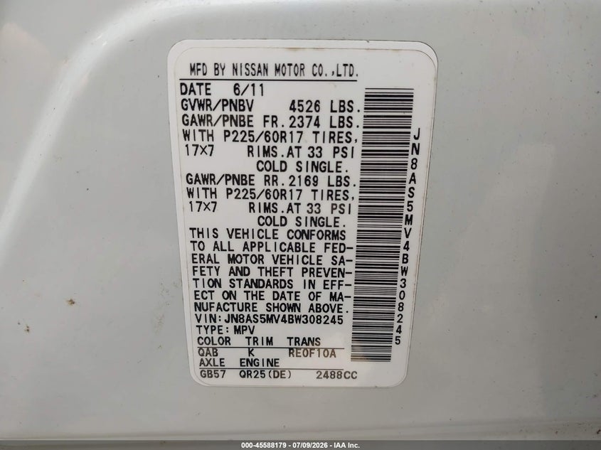 2011 Nissan Rogue Sv VIN: JN8AS5MV4BW308245 Lot: 45588179
