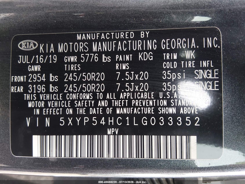 2020 Kia Telluride Sx VIN: 5XYP54HC1LG033352 Lot: 45588228