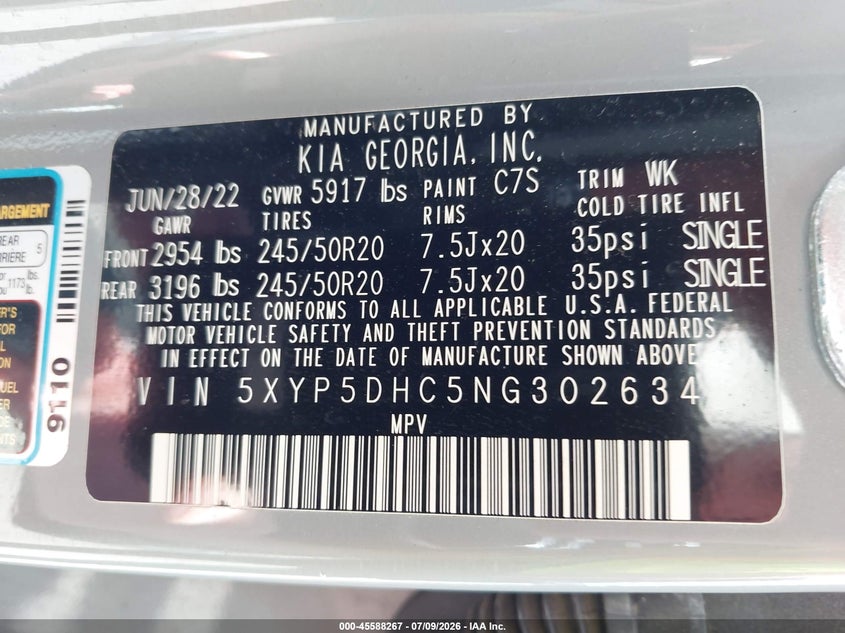 2022 Kia Telluride Sx VIN: 5XYP5DHC5NG302634 Lot: 45588267